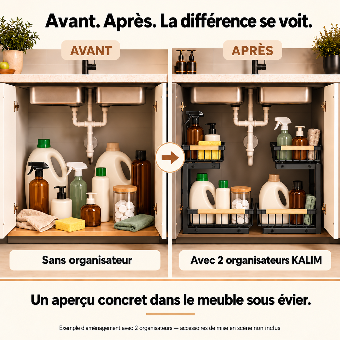 Avant après d’un rangement sous évier organisé avec KALIM