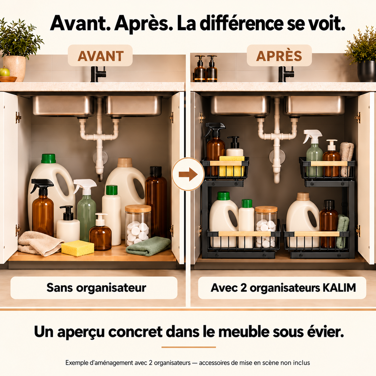 Avant après d’un rangement sous évier organisé avec KALIM
