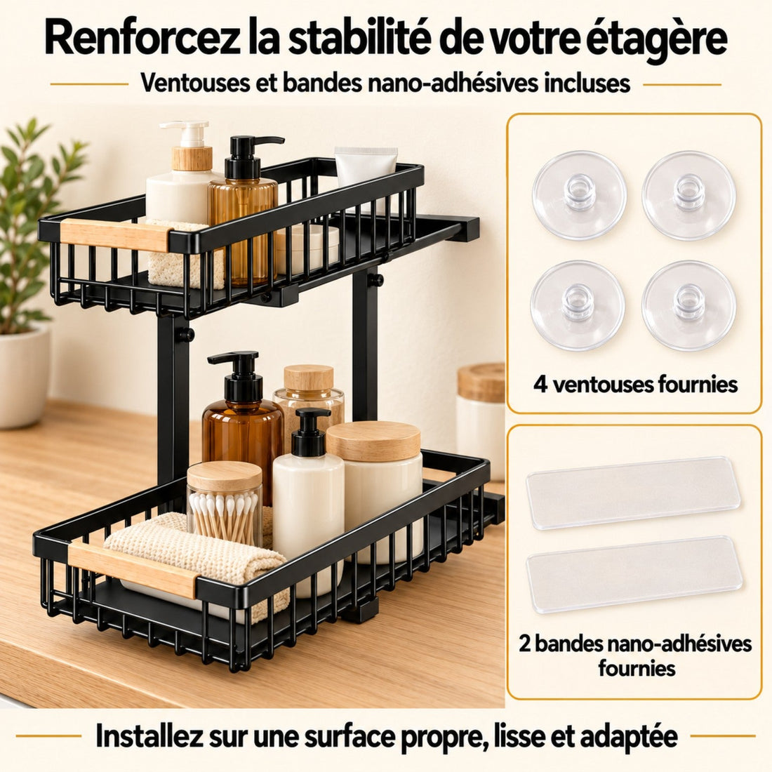 Ventouses et bandes nano adhésives pour fixer un rangement sous évier sans percer