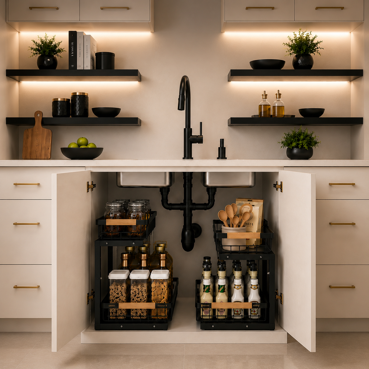 Rangement sous évier KALIM pour meuble de cuisine et salle de bain, coloris noir et blanc