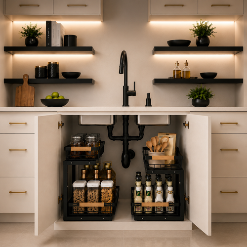 Rangement sous évier KALIM pour meuble de cuisine et salle de bain, coloris noir et blanc