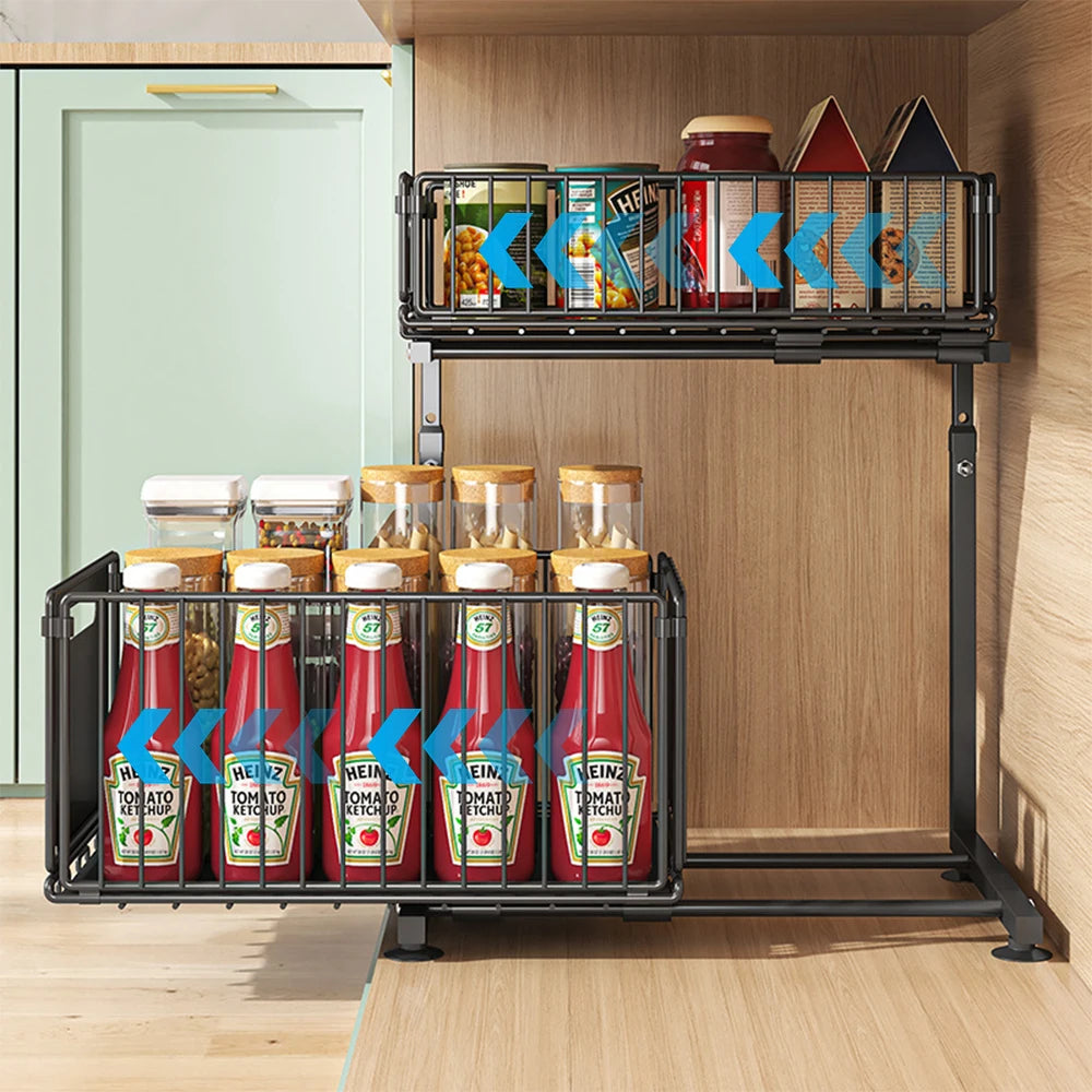 Rangement Sous Evier Cuisine, Range Epices Cuisine Tiroir avec Hauteur Réglable 41-49cm, 2 étages, Extensible, étagère de Cuisine