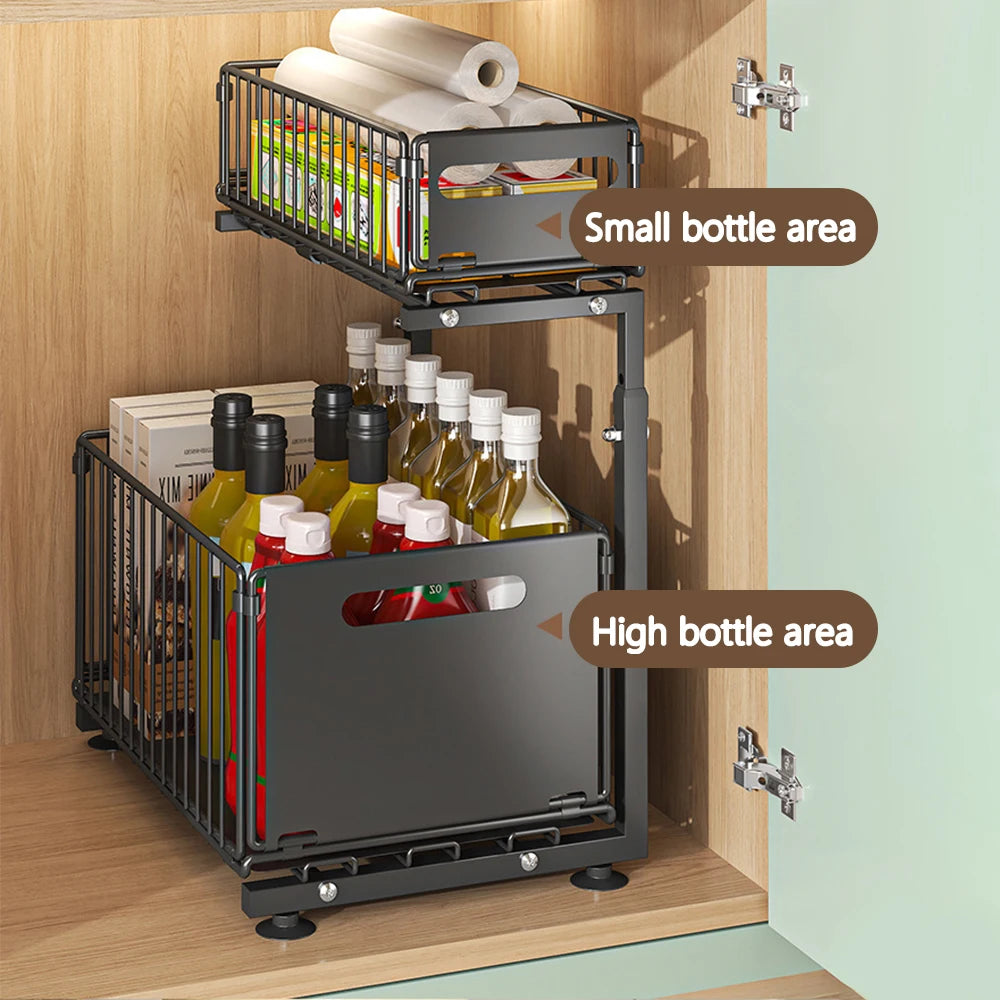 Rangement Sous Evier Cuisine, Range Epices Cuisine Tiroir avec Hauteur Réglable 41-49cm, 2 étages, Extensible, étagère de Cuisine