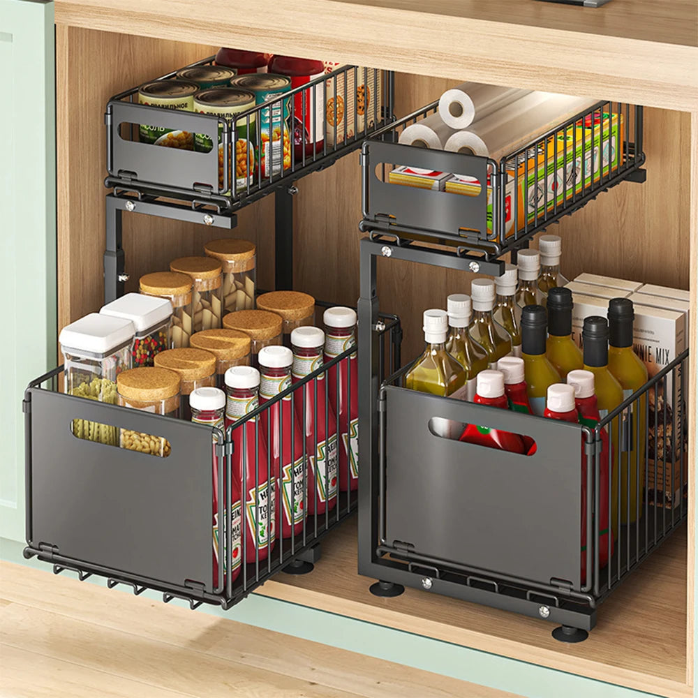 Rangement Sous Evier Cuisine, Range Epices Cuisine Tiroir avec Hauteur Réglable 41-49cm, 2 étages, Extensible, étagère de Cuisine