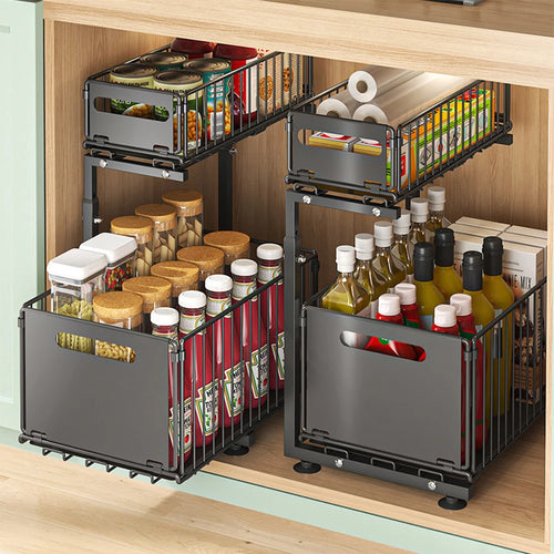 Rangement Sous Evier Cuisine, Range Epices Cuisine Tiroir avec Hauteur Réglable 41-49cm, 2 étages, Extensible, étagère de Cuisine