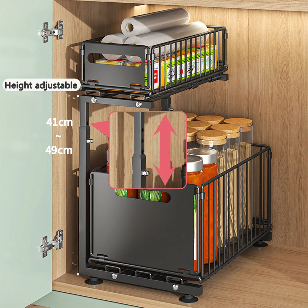 Rangement Sous Evier Cuisine, Range Epices Cuisine Tiroir avec Hauteur Réglable 41-49cm, 2 étages, Extensible, étagère de Cuisine