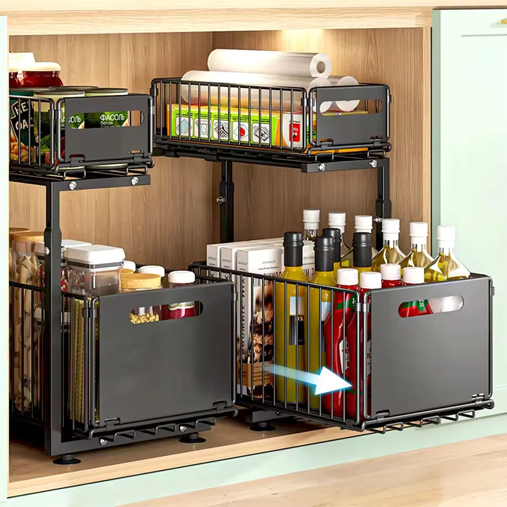 Rangement Sous Evier Cuisine, Range Epices Cuisine Tiroir avec Hauteur Réglable 41-49cm, 2 étages, Extensible, étagère de Cuisine