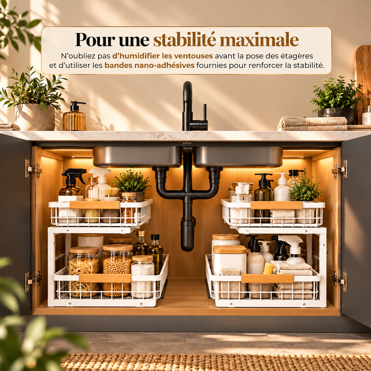 Rangement Sous Évier Cuisine Coulissant 2 Niveaux – Organiseur Réglable Acier Anti-Rouille, Sans Perçage | KALIM