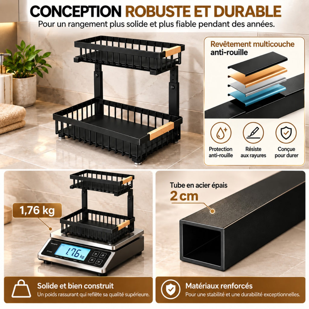 Rangement sous évier KALIM en acier carbone anti-rouille robuste et durable