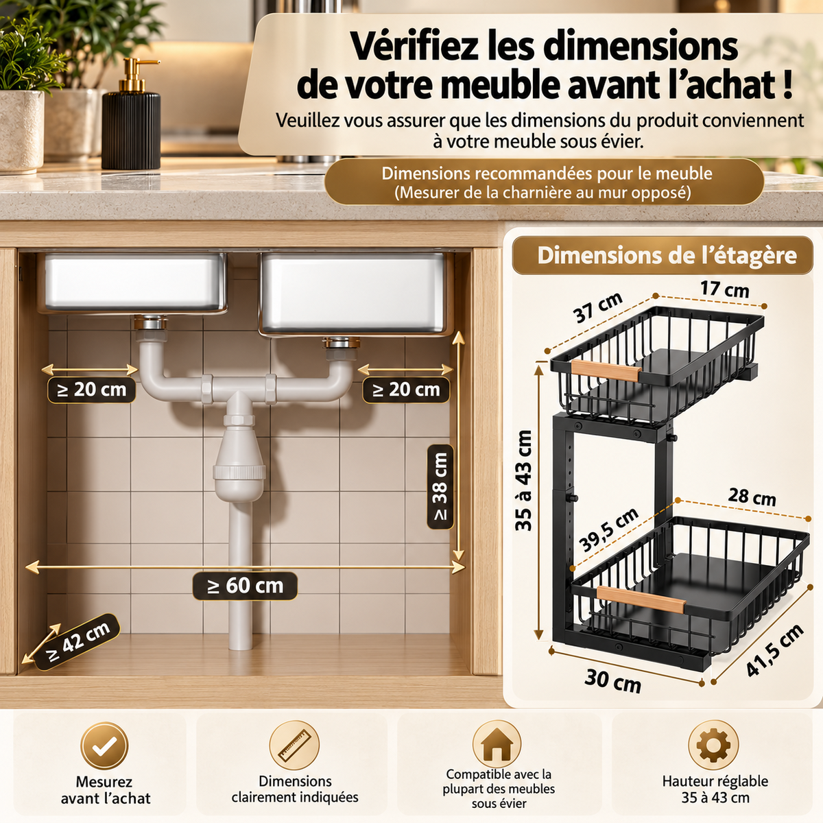 Dimensions recommandées du meuble et dimensions du rangement sous évier KALIM
