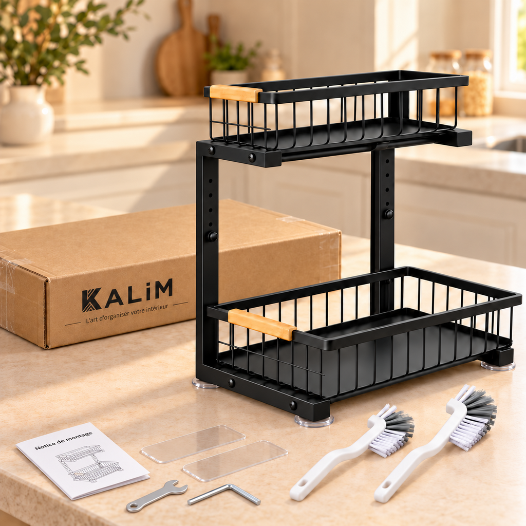 Kit complet KALIM avec organisateur sous évier, deux brosses, bandes nano et accessoires de montage
