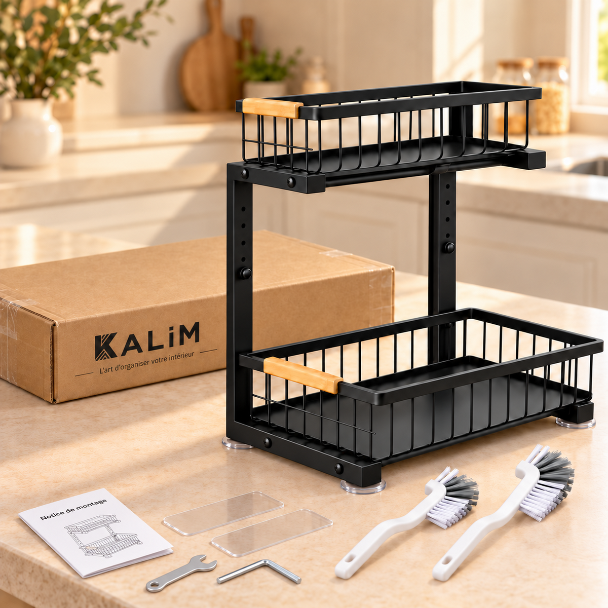 Kit complet KALIM avec organisateur sous évier, deux brosses, bandes nano et accessoires de montage