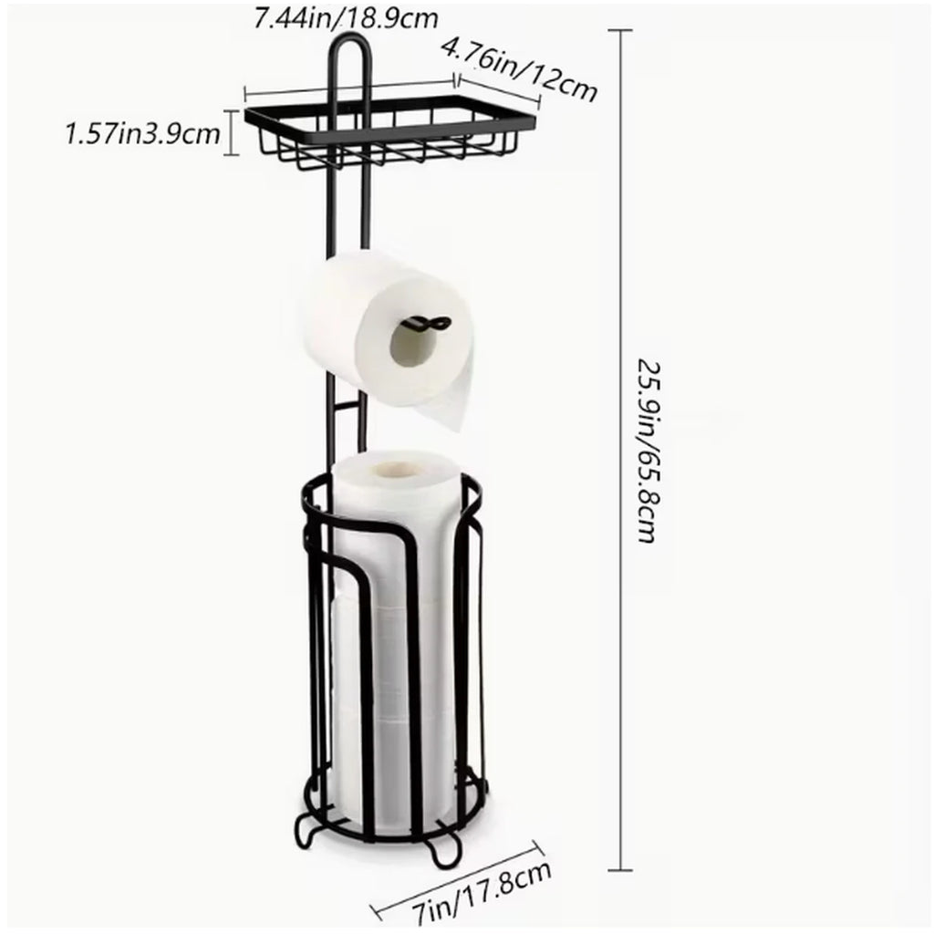 Dimensions du porte-papier toilette sur pied KALIM : hauteur 65,8 cm, tablette 18,9 x 12 cm
