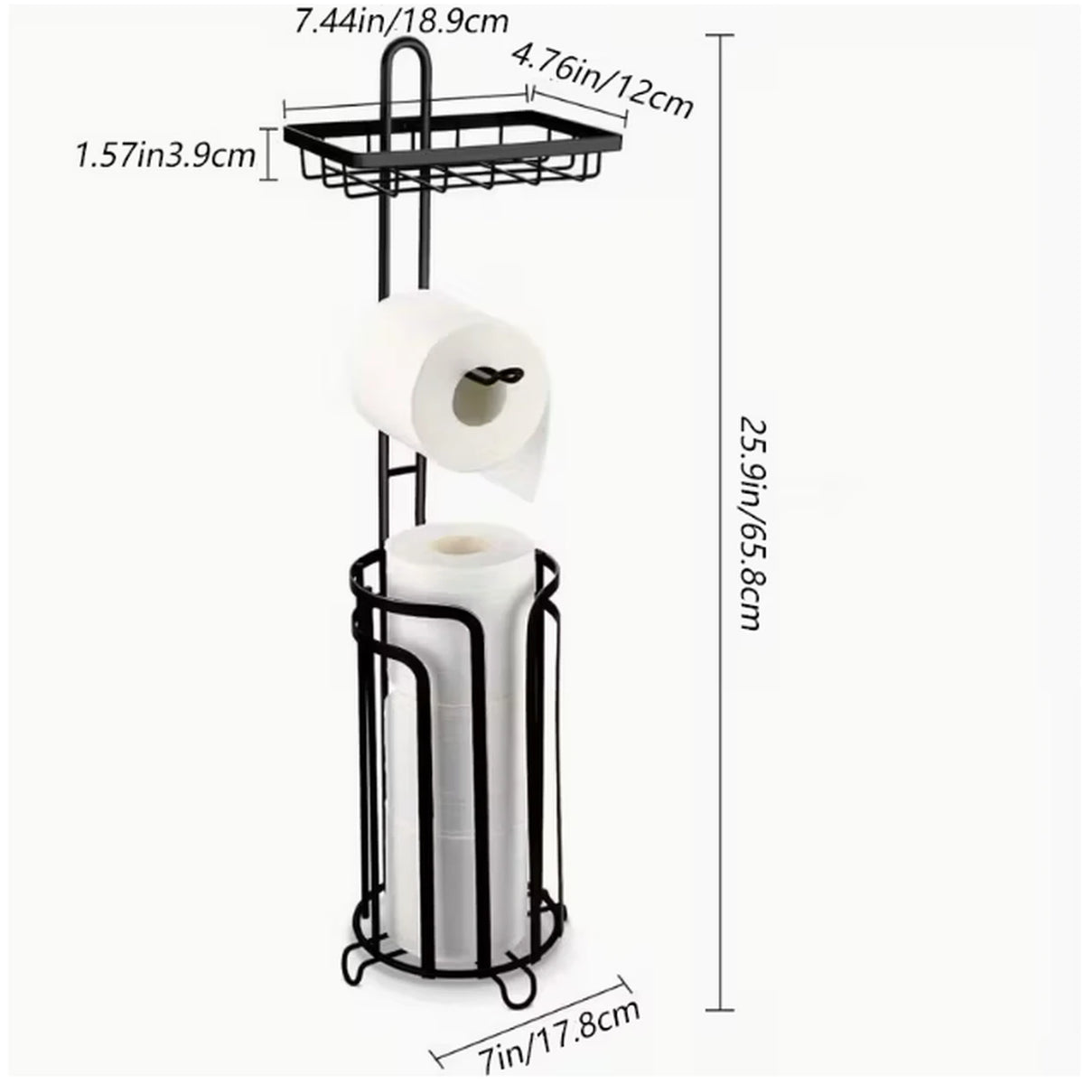 Dimensions du porte-papier toilette sur pied KALIM : hauteur 65,8 cm, tablette 18,9 x 12 cm
