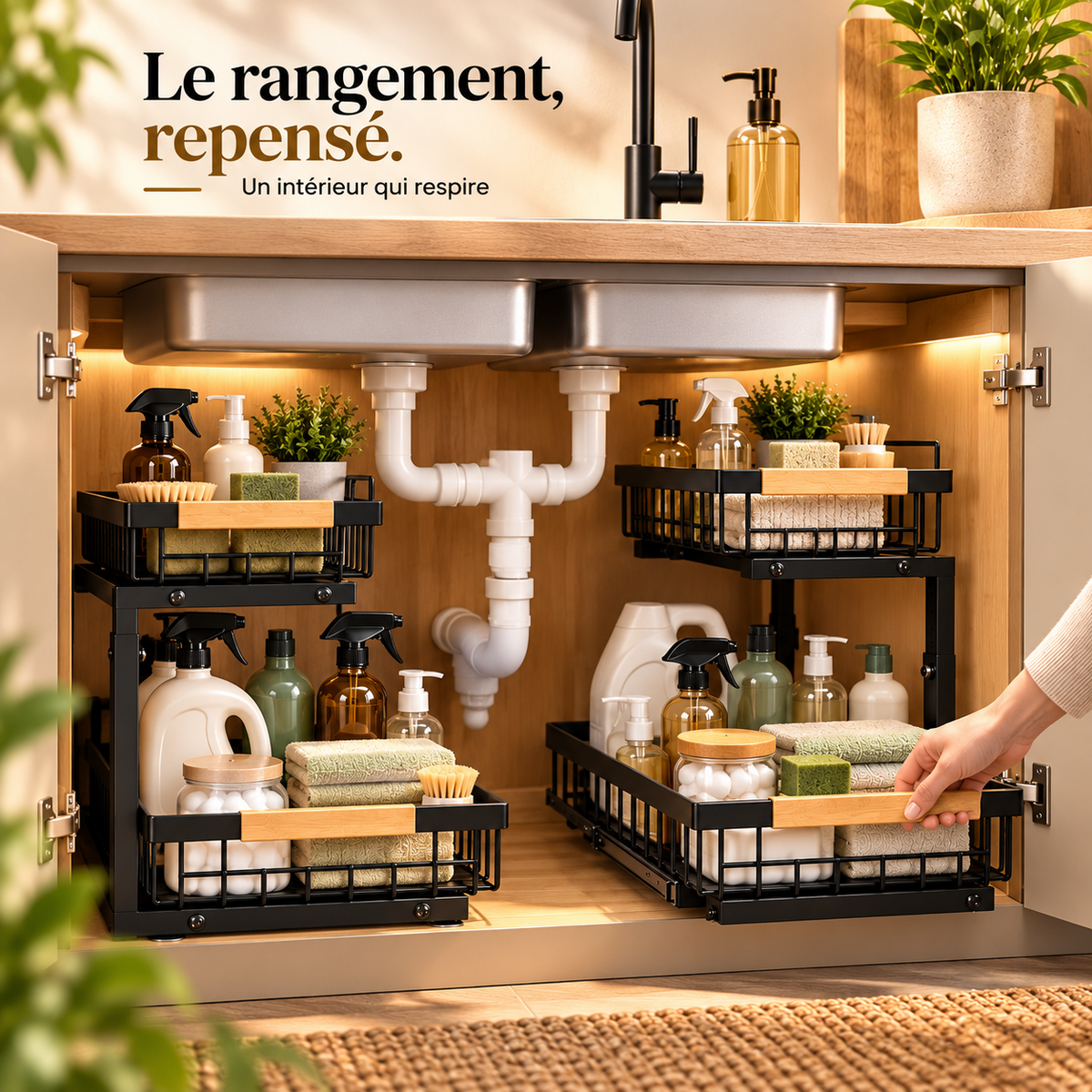 Rangement sous évier KALIM dans un meuble de cuisine premium avec deux organisateurs