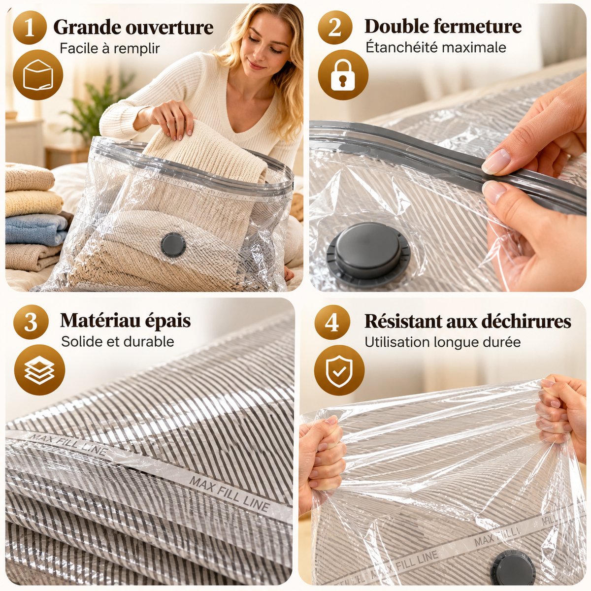 Sacs sous vide KALIM renforcés pour rangement des textiles