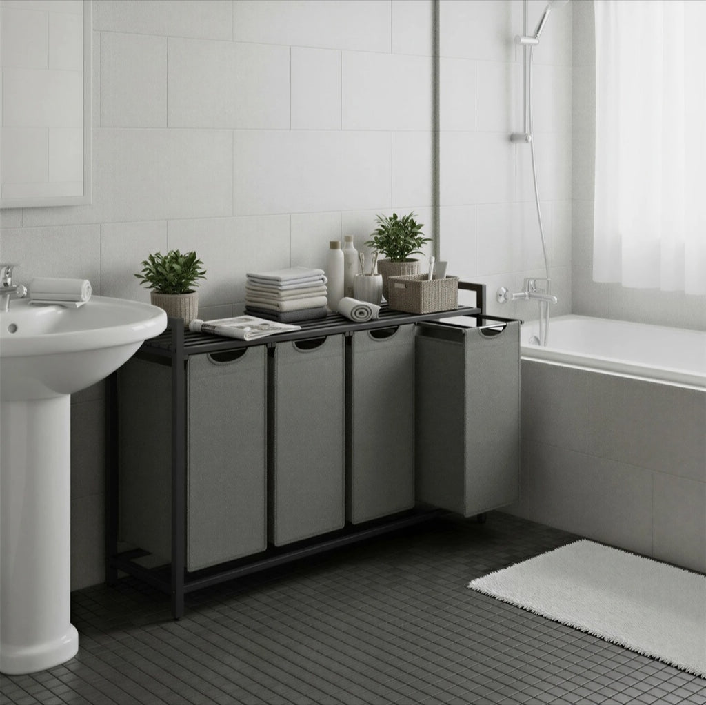 Meuble de tri du linge avec quatre sacs de 40 litres chacun