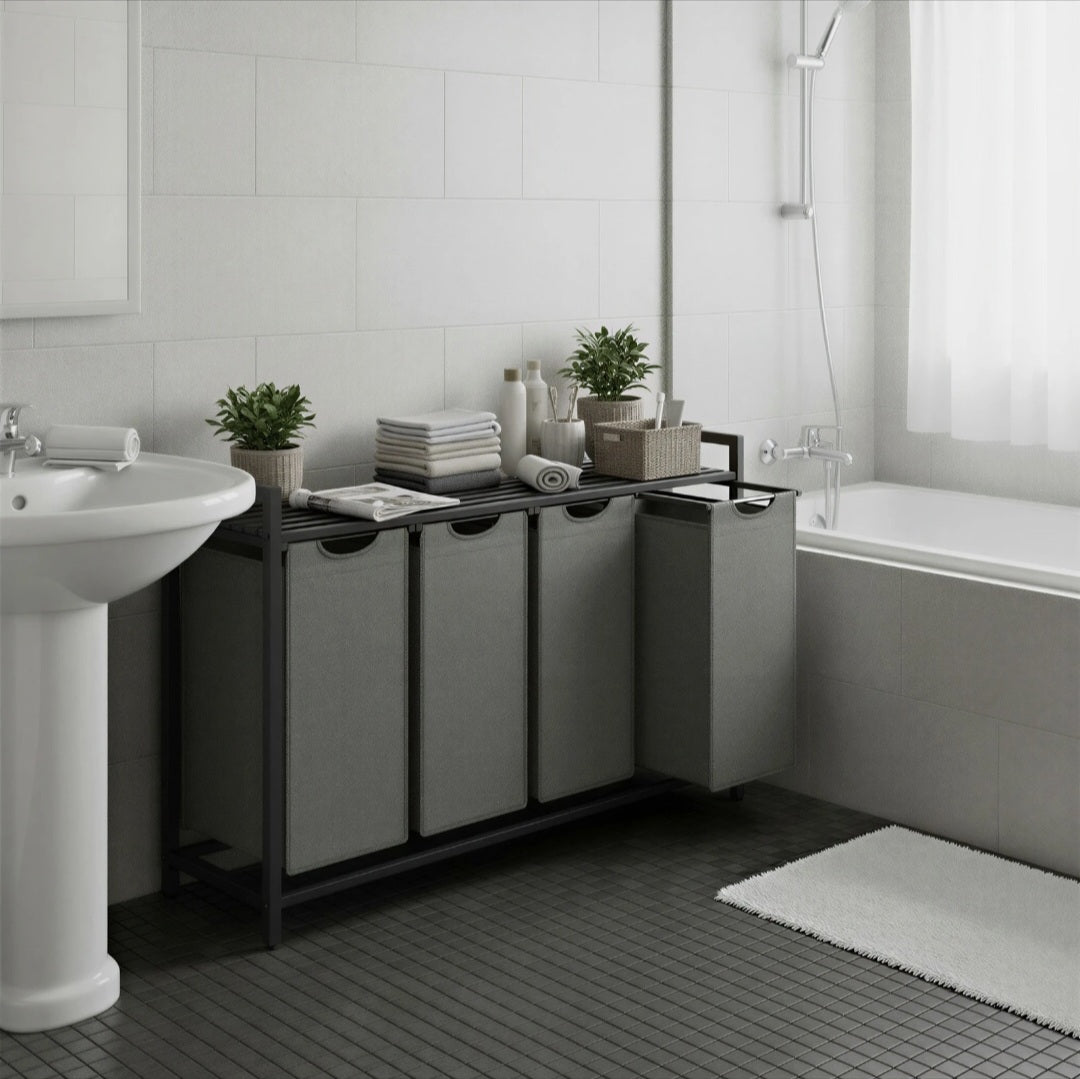 Meuble de tri du linge avec quatre sacs de 40 litres chacun