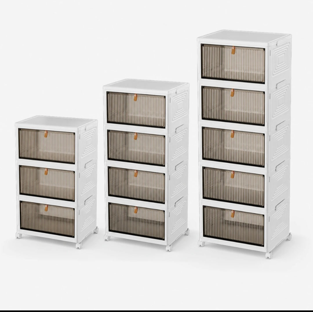 Meubles de rangement modulables blancs à portes striées, en trois, quatre et cinq niveaux