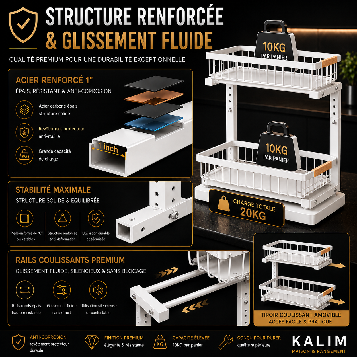 Rangement Sous Évier Cuisine Coulissant 2 Niveaux – Organiseur Réglable Acier Anti-Rouille, Sans Perçage | KALIM