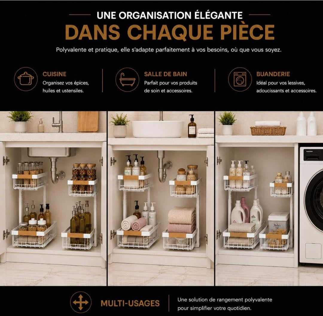 Rangement Sous Évier Cuisine Coulissant 2 Niveaux – Organiseur Réglable Acier Anti-Rouille, Sans Perçage | KALIM