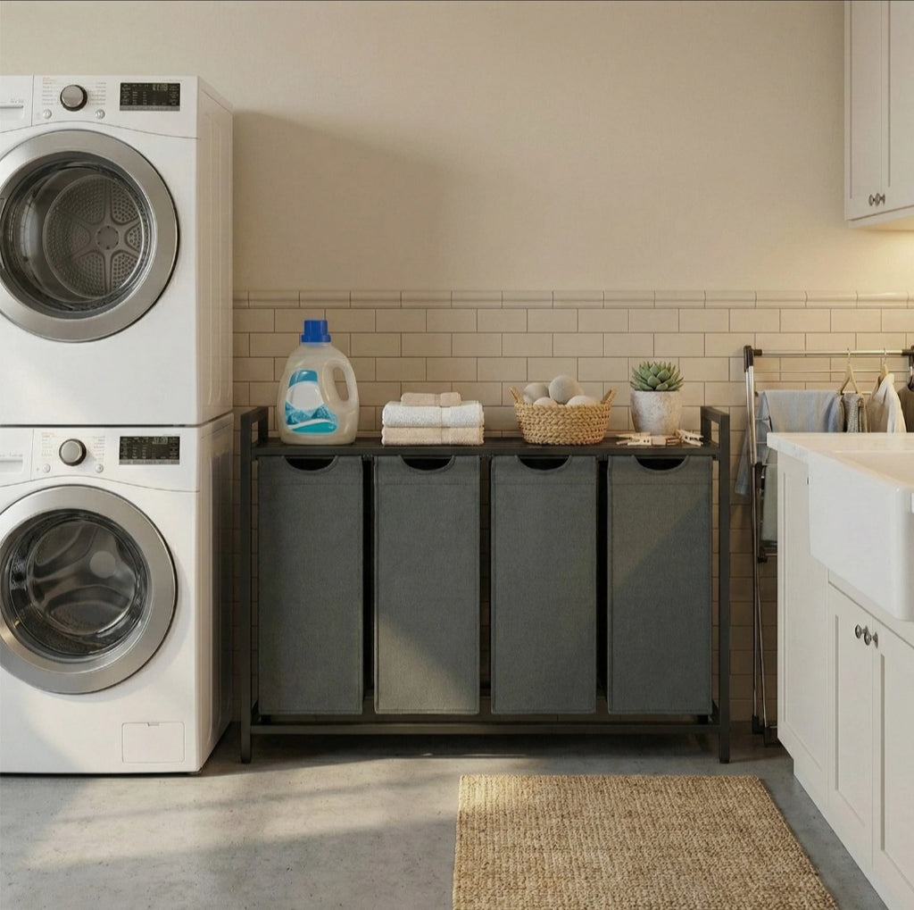 Détails du panier à linge à quatre compartiments et de son étagère