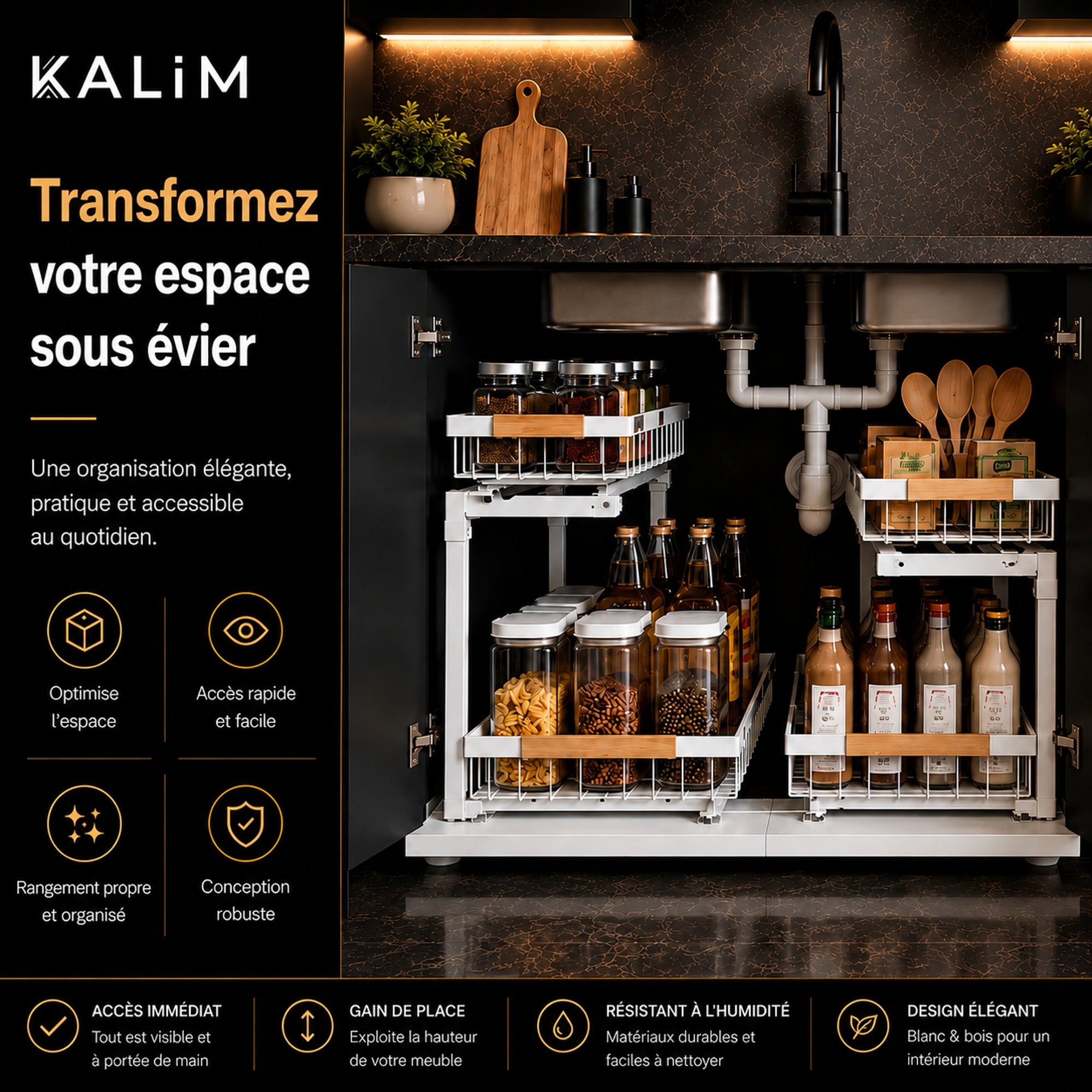 Rangement Sous Évier Cuisine Coulissant 2 Niveaux – Organiseur Réglable Acier Anti-Rouille, Sans Perçage | KALIM