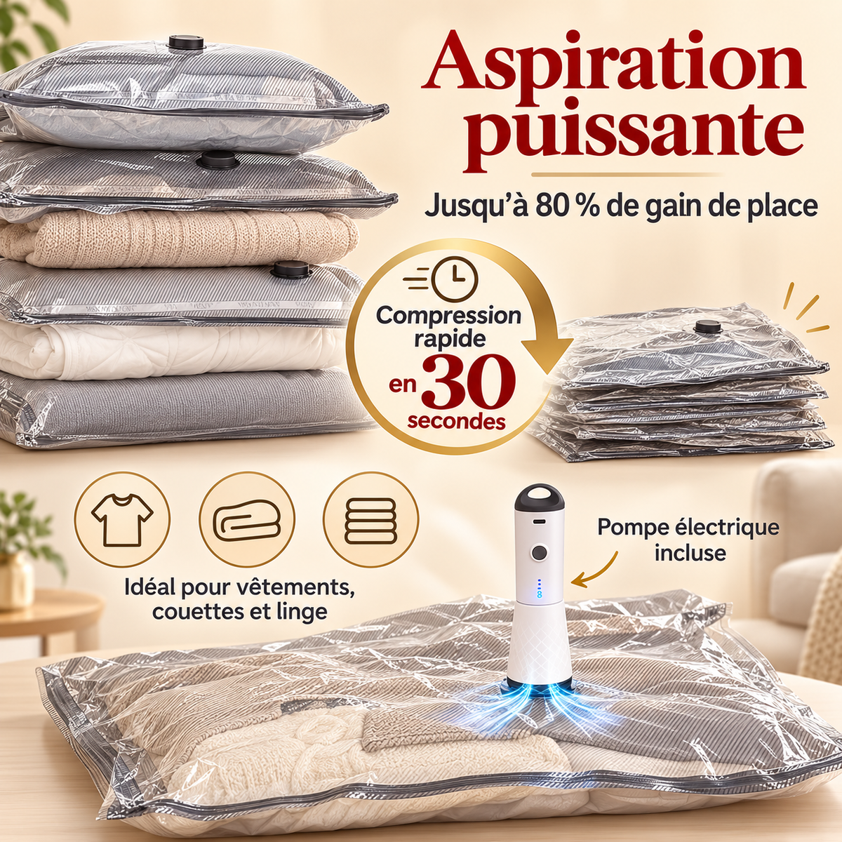 Sacs sous vide KALIM pour vêtements, couettes et linge de maison