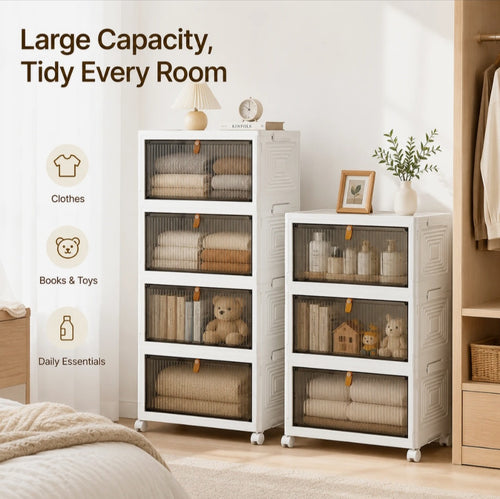 Meuble de rangement blanc à portes striées pour organiser vêtements et linge de maison