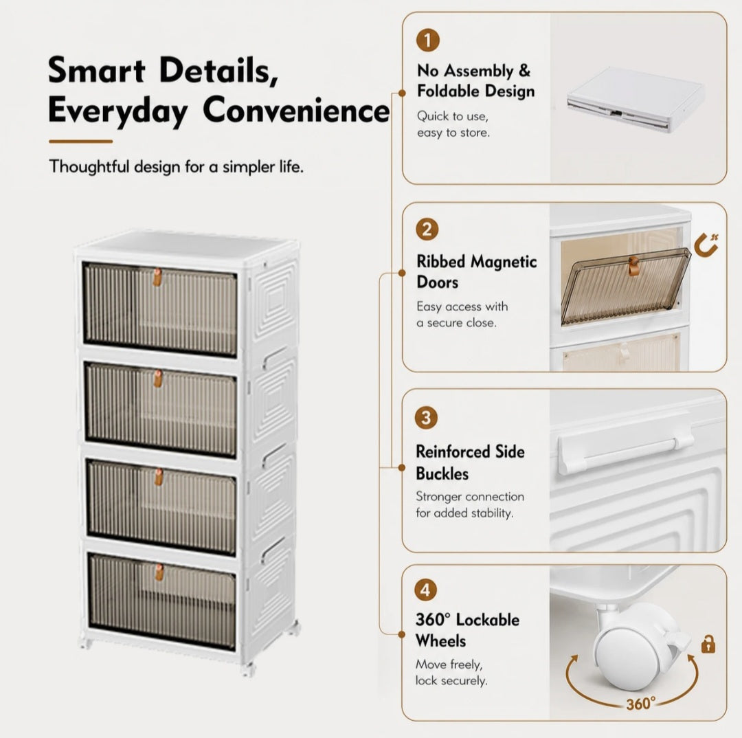 Détail des portes striées et des roulettes du meuble de rangement modulable blanc