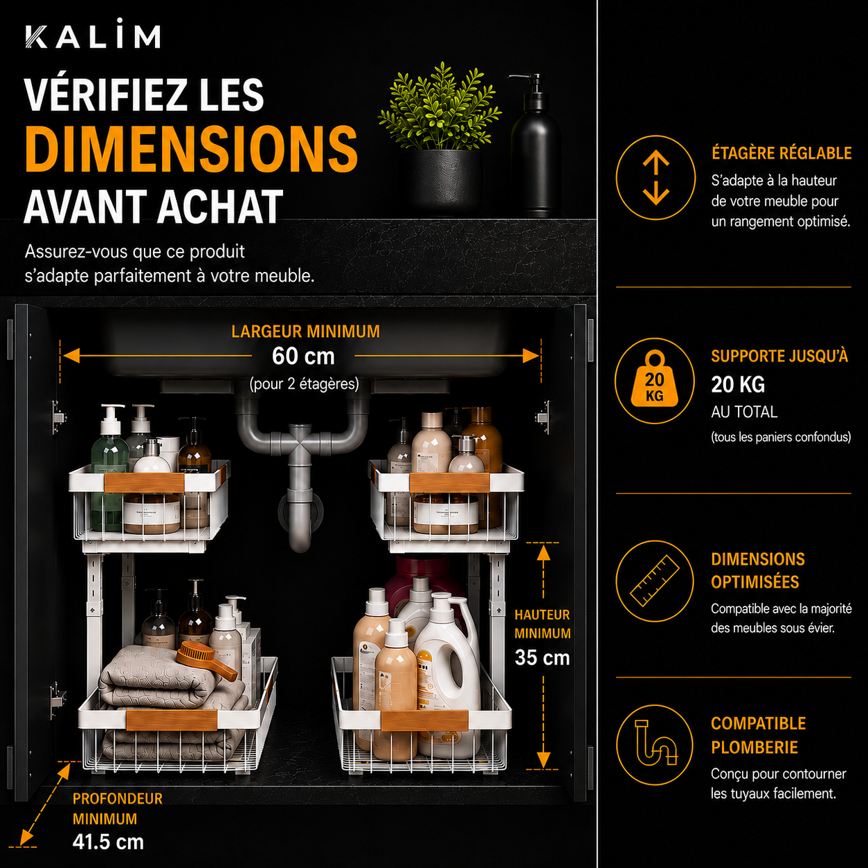 Rangement Sous Évier Cuisine Coulissant 2 Niveaux – Organiseur Réglable Acier Anti-Rouille, Sans Perçage | KALIM